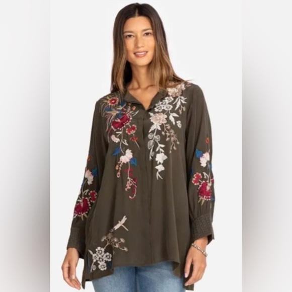 Johnny Was Green Asymmetrical Embellished Blouse - Picture 1 of 9